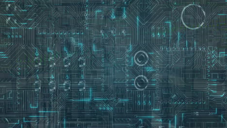 animation of circuit board and digital data processing over computer servers