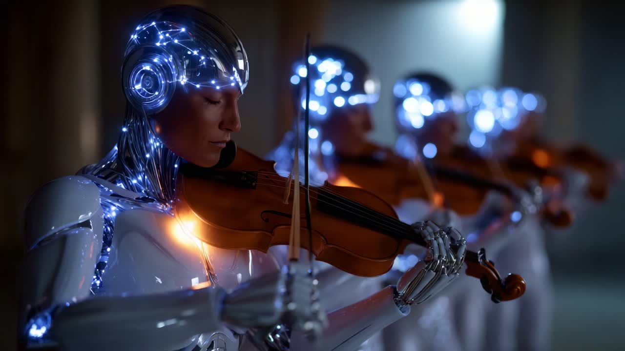 Un'affascinante esibizione di musicisti robotici che mettono in mostra tecnologie avanzate mentre suonano abilmente i violini sotto un'illuminazione eterea in un ambiente futuristico