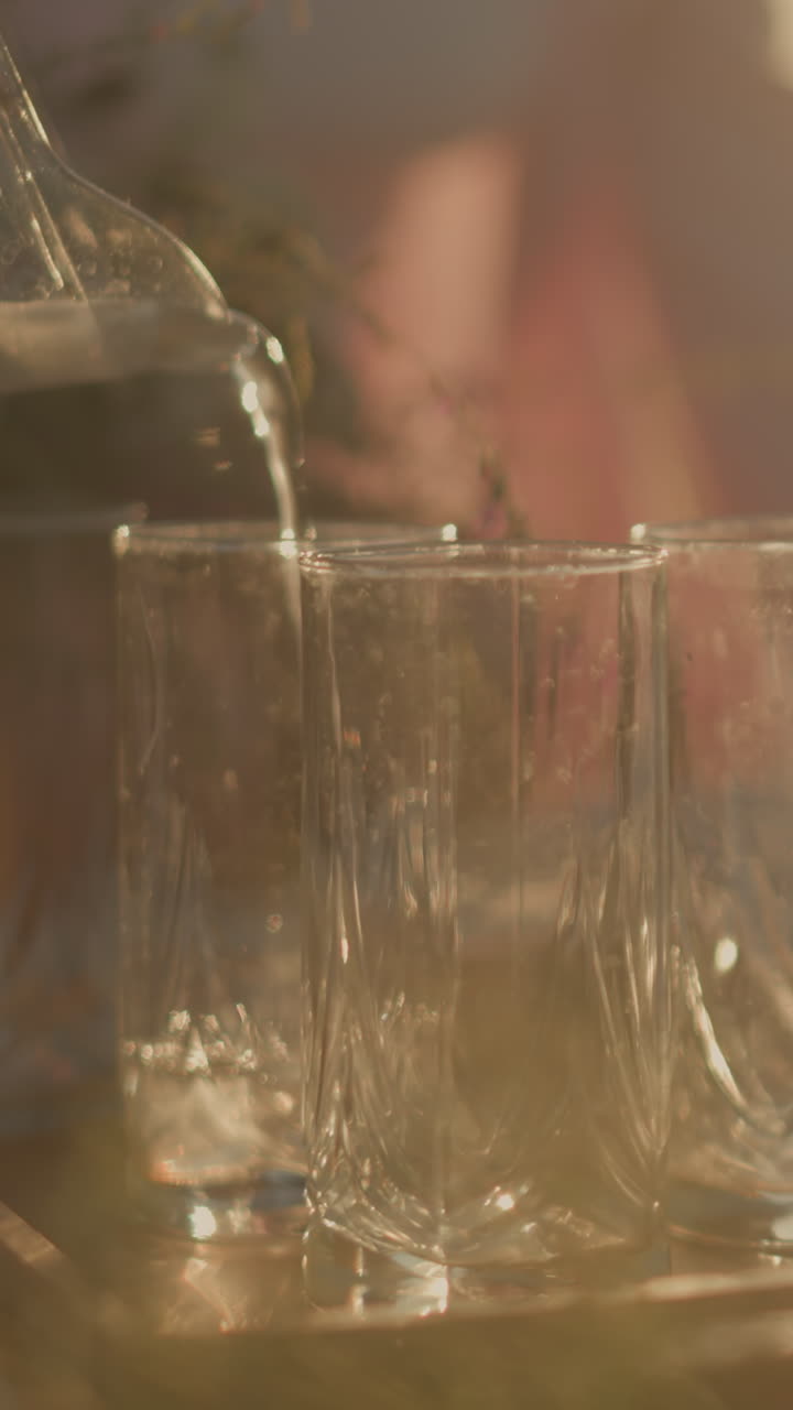 은 빛 아래 잔에서 세 잔에 물을 부어주고 있는 누군가의 클로즈업, 오렌지 조각과 민트 잎이 물 속에 눈에 띄고, 배경이 흐릿합니다.