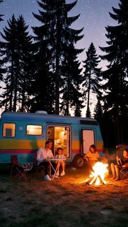 family camping at night by a campfire with a camper van in a forest