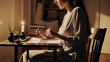 woman practicing calligraphy in a warm interior