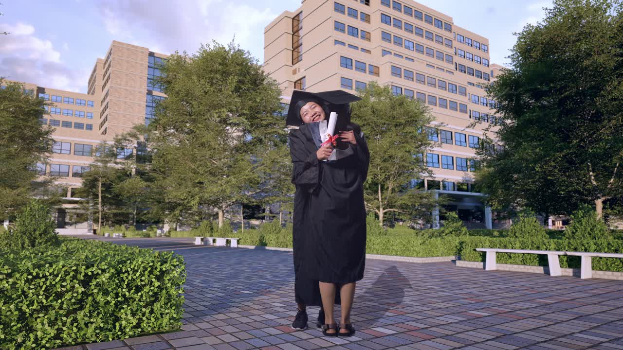 Full Body Of Asian Woman Students Graduate In Caps And Gowns With Diplomas Smiling And Hugging Each Other In Front Of A Magnificent University Building