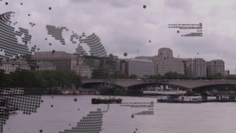 cityscape with boats on river over digital world map animation