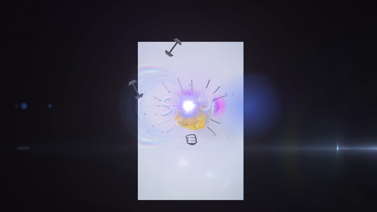 Animation of light trails over shapes and light bulb with swipe up text on black background