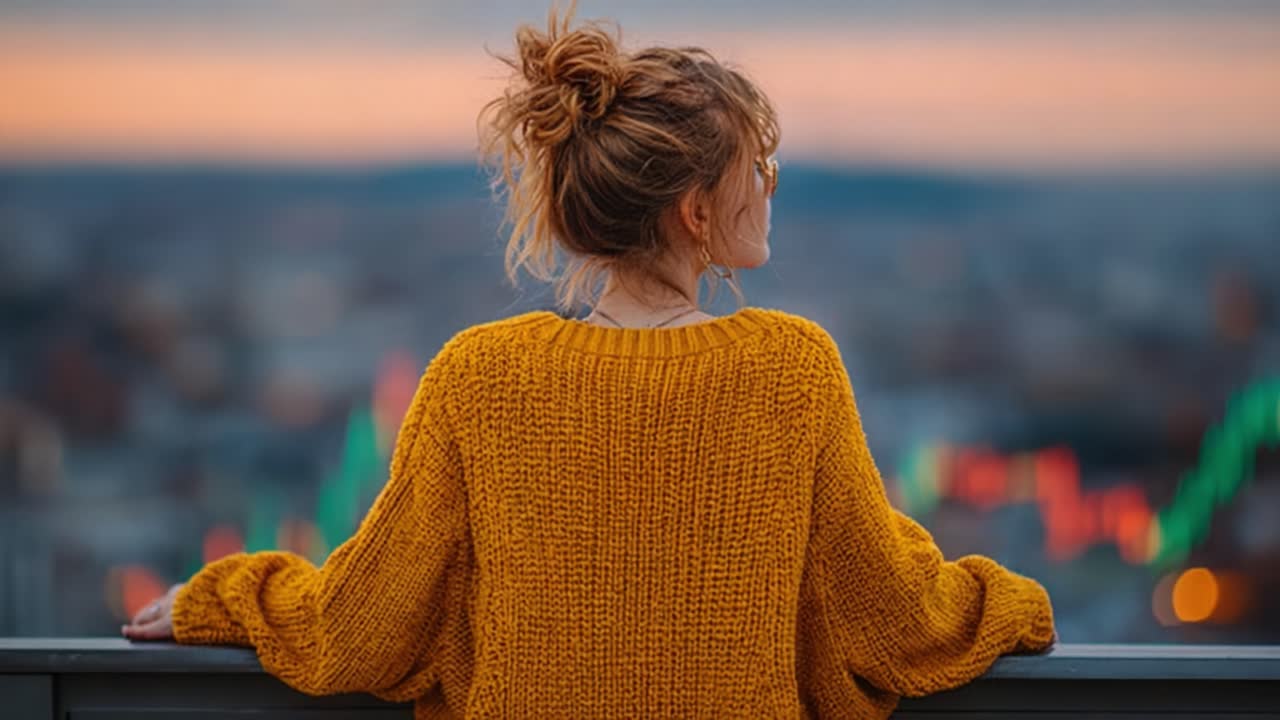 Contemplating the Horizon: A Young Woman in a Cozy Sweater Gazing at the City Lights and Skyline at Sunset, Lost in Thought and Reflection