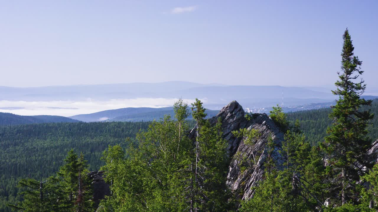 vista de la montaña con niebla y bosques