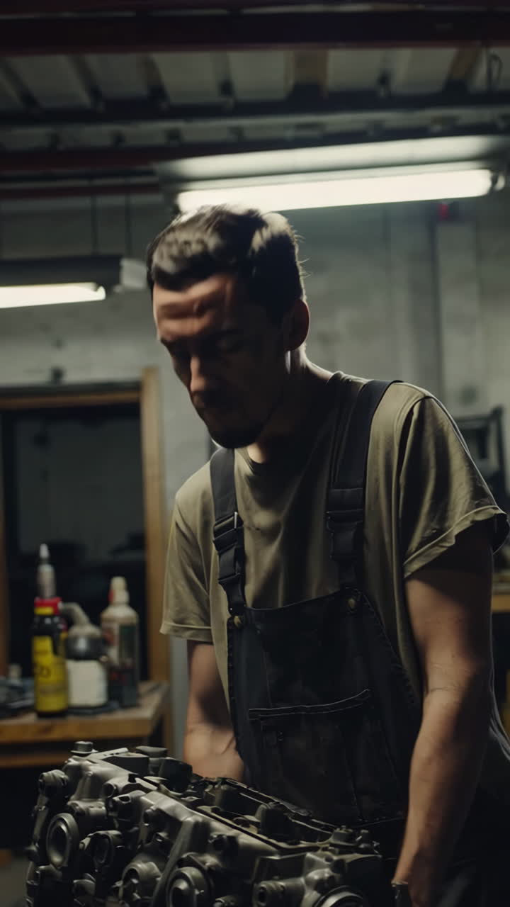 Mechanic working on an engine in a garage