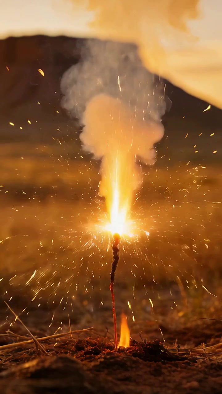 Vertical video: Igniting ground fountain burning, making sparks and smoke on dry plain at sunset