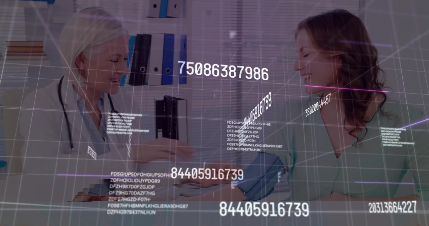 Female doctor measuring patient blood pressure in clinic, with floating data and grid overlay