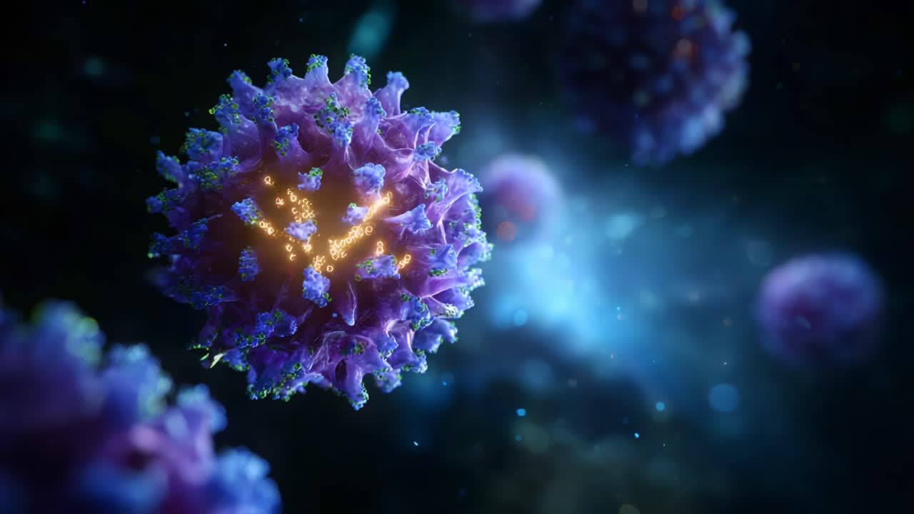Magnified View of Viruses in Vibrant Colors, Showcasing Unique Structure and Intricate Details Against a Dark Background with Ethereal Glow and Blurry Elements