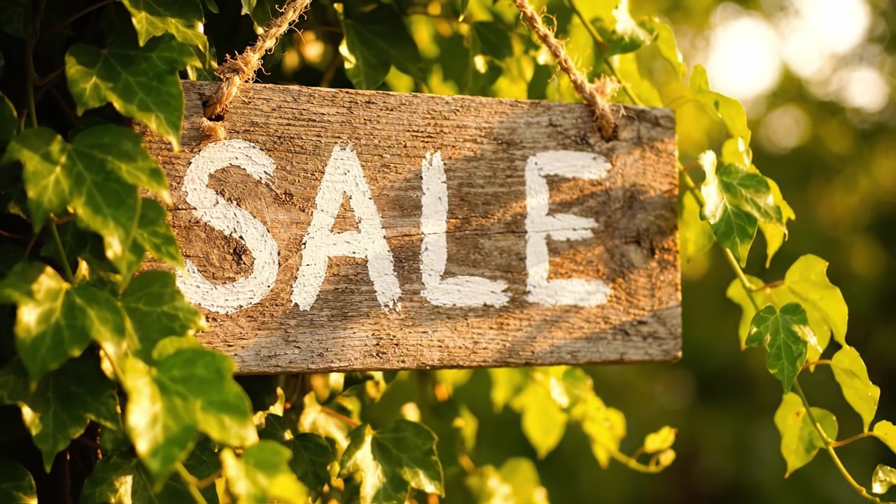 Uno sguardo alle offerte stagionali: un'insegna rustica annuncia una svendita tra la vegetazione lussureggiante, invitando sia gli acquirenti che gli amanti della natura a godere della bellezza del paesaggio.