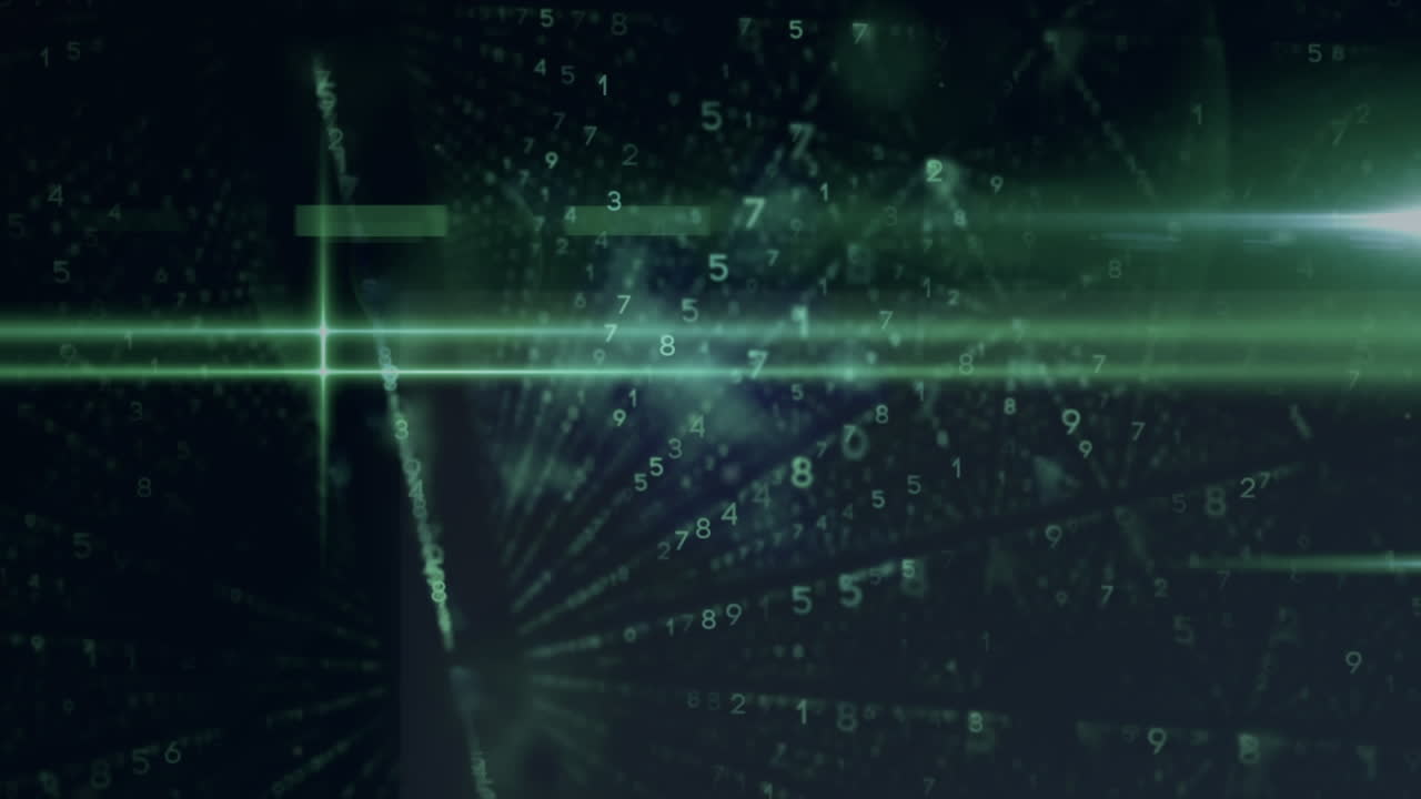 Animation of binary coding data processing and green light trails against black background
