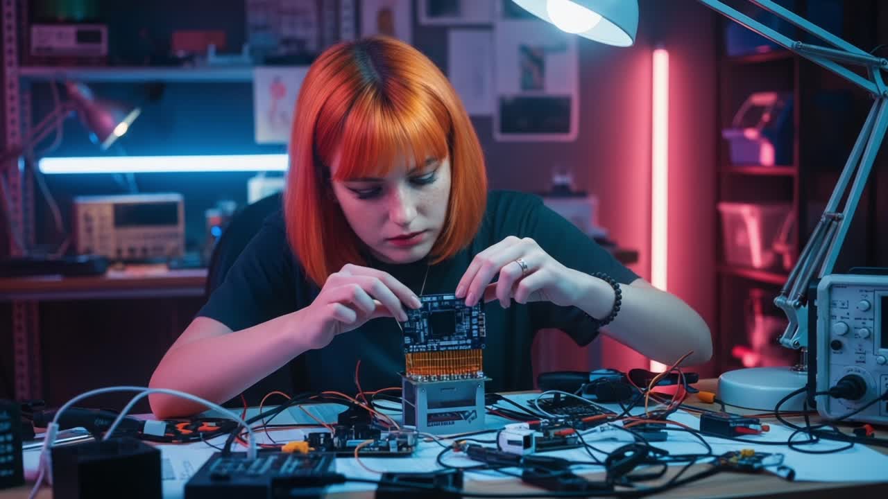 A focused individual with vibrant orange hair meticulously assembles electronic components in a dimly lit workspace, showcasing creativity and technical skills with various tools and circuits