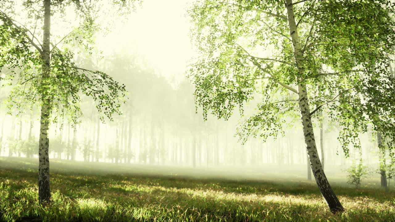 A Misty Morning in a Birch Forest