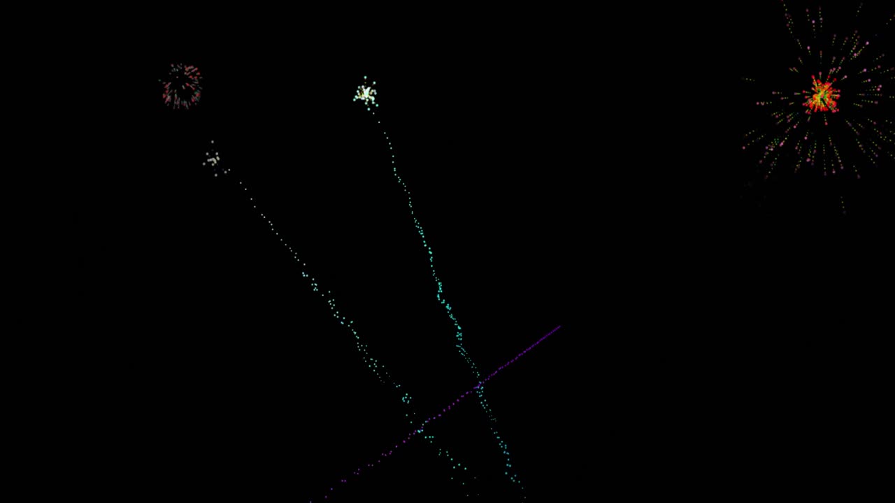animación de coloridos fuegos artificiales de navidad y año nuevo que explotan en el cielo nocturno