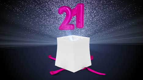 animación digital del regalo de cumpleaños explotando y revelando el número veintiuno
