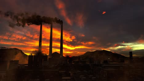 las pipas ahumadas en la planta química, concepto de contaminación del aire, paisaje industrial con contaminación ambiental, hora de la puesta del sol