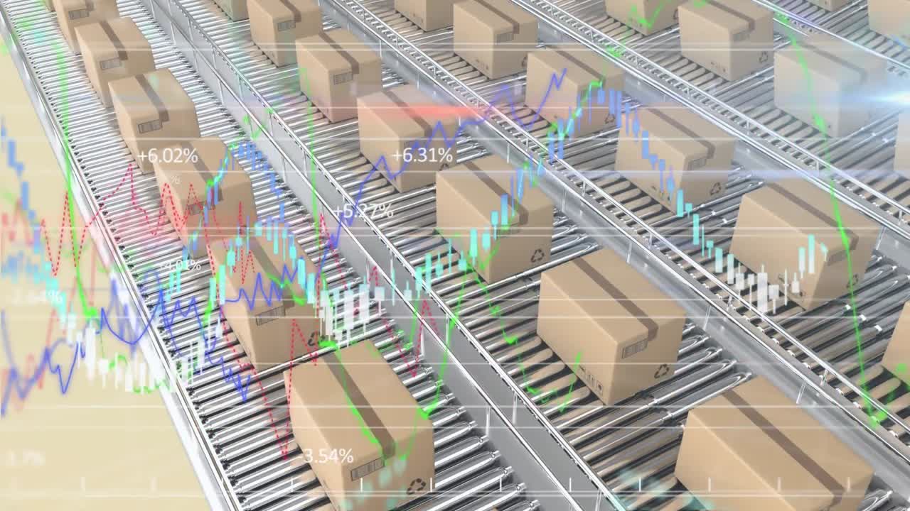 Animation der Aufzeichnung von Finanzstatistiken über gestapelten Kartons, die sich auf Förderbändern bewegen.