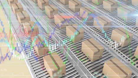 animation of financial statistics recording over stacked up cardboard boxes moving on conveyor belts