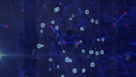 Animation-of-numbers-falling-over-connected-icons-forming-globe-and-connected-dots