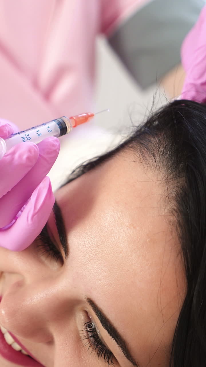 Handsome woman receives an injection in the head. The concept of mesotherapy. Thrust to strengthen the hair and their growth Vertical video