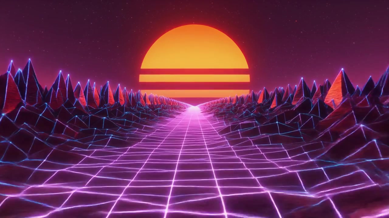 Pemandangan Synthwave Retro dengan Kisi Berpendar dan Matahari Terbenam