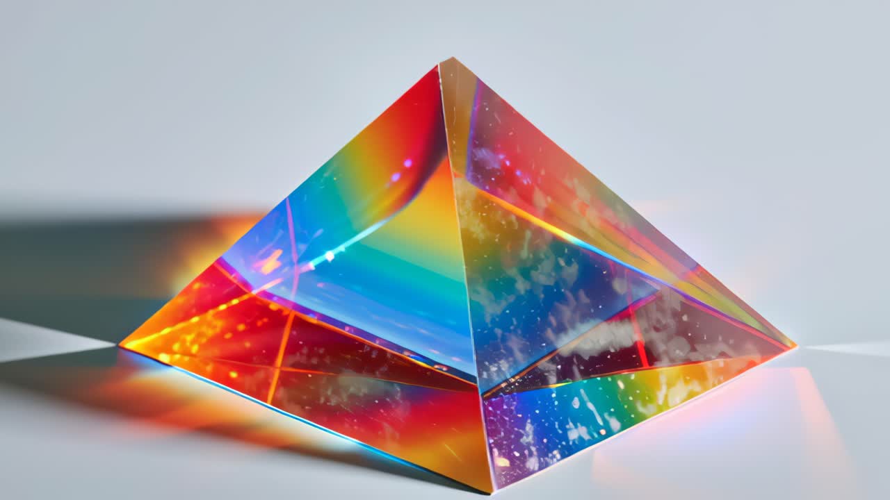 Filmato astratto di una piramide a prisma trasparente con vivida rifrazione arcobaleno e scie di luce su una superficie lucida riflettente, sfondo pulito da studio e spazio per il testo.