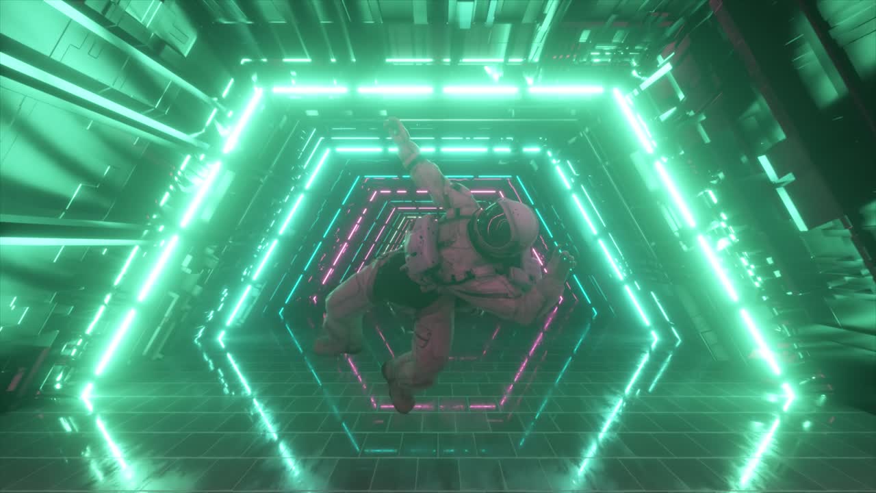 Astronaut falling in the corridor of a spaceship. Sci-Fi futuristic space tunnel VJ for titles and background. Neon light. 4k animation of seamless loop