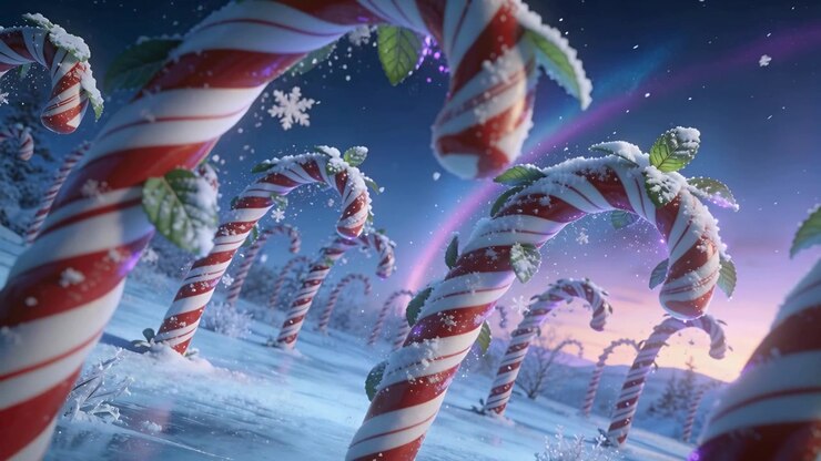 Panning camera revealing giant candy cane poles in snowy plain, with drifting peppermint orb