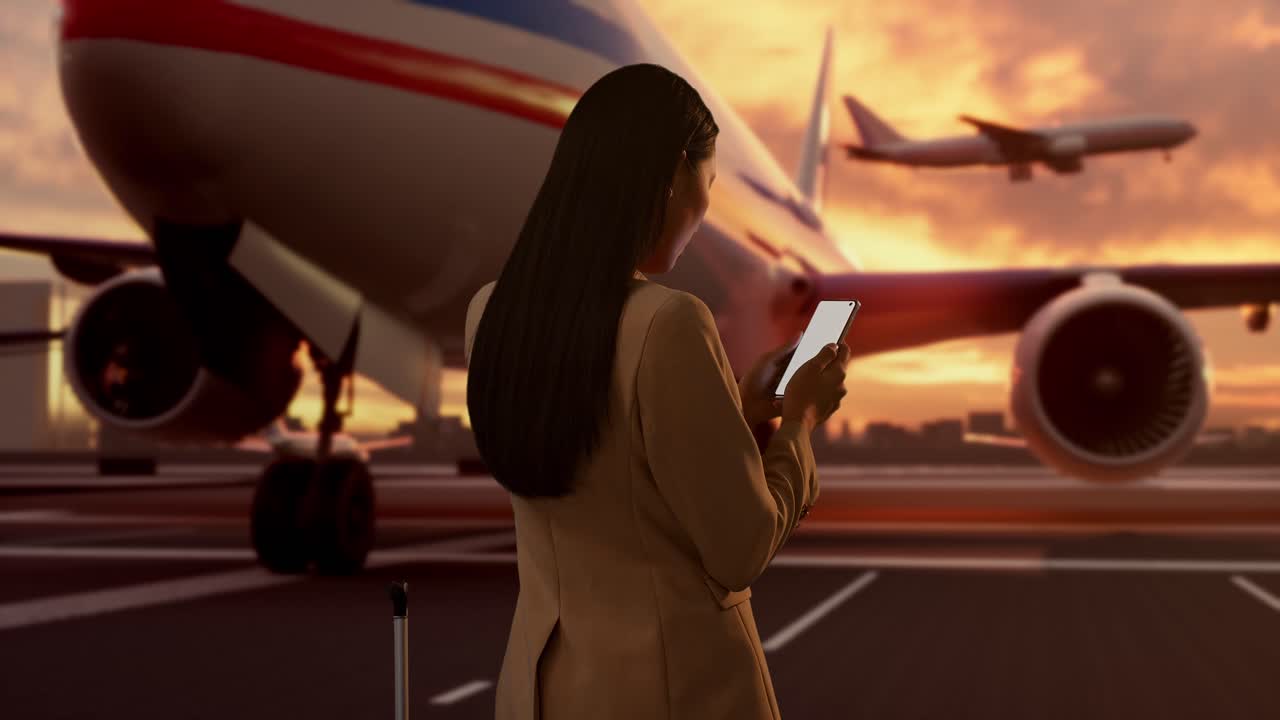 Vista trasera de una empresaria asiática con una maleta con ruedas esperando para subir a un jet privado al atardecer, usando un smartphone mientras espera el vuelo, terminal del aeropuerto con avión