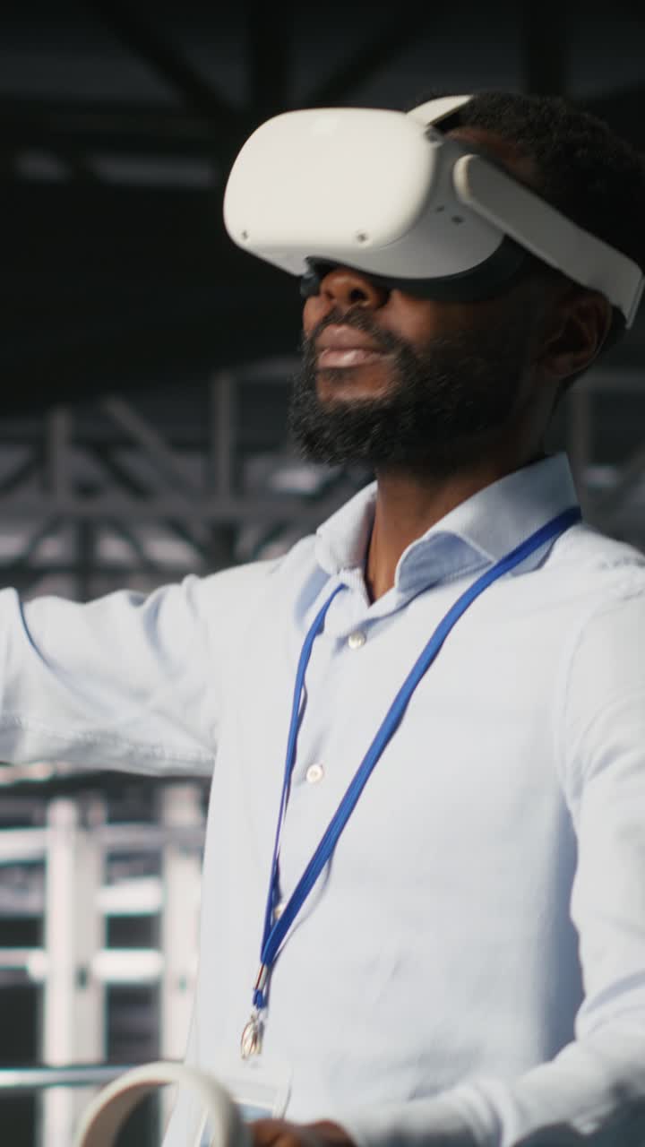 Vertical video Data center admin using VR headset to monitor neural network AI systems