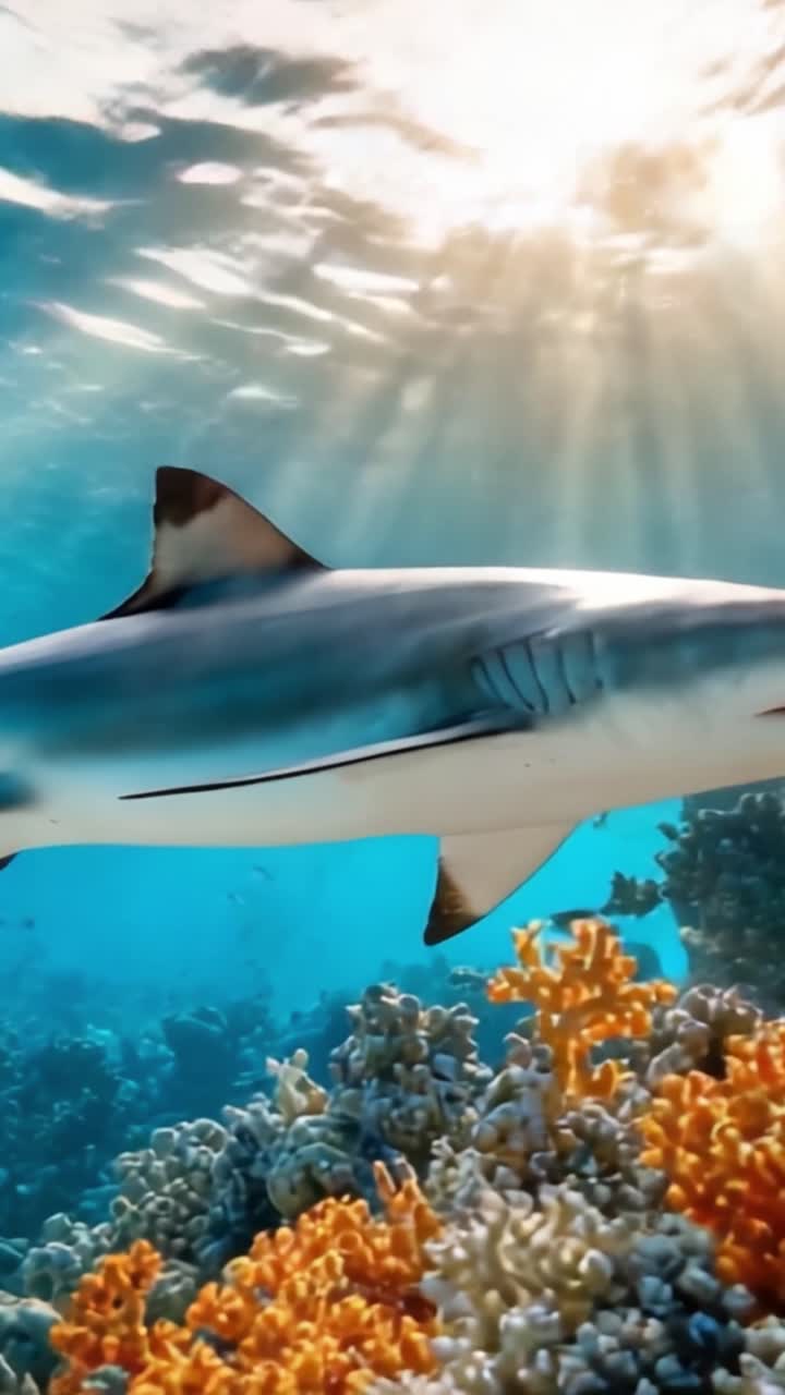 A Stunning View of a Majestic Shark Gliding Gracefully Through Lush Coral Reefs Beneath the Glimmering Light of a Vibrant Ocean Surface