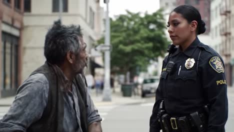 a police officer engages with a homeless man in a busy urban area during daytime. the interaction highlights community policing and the challenges of homelessness.