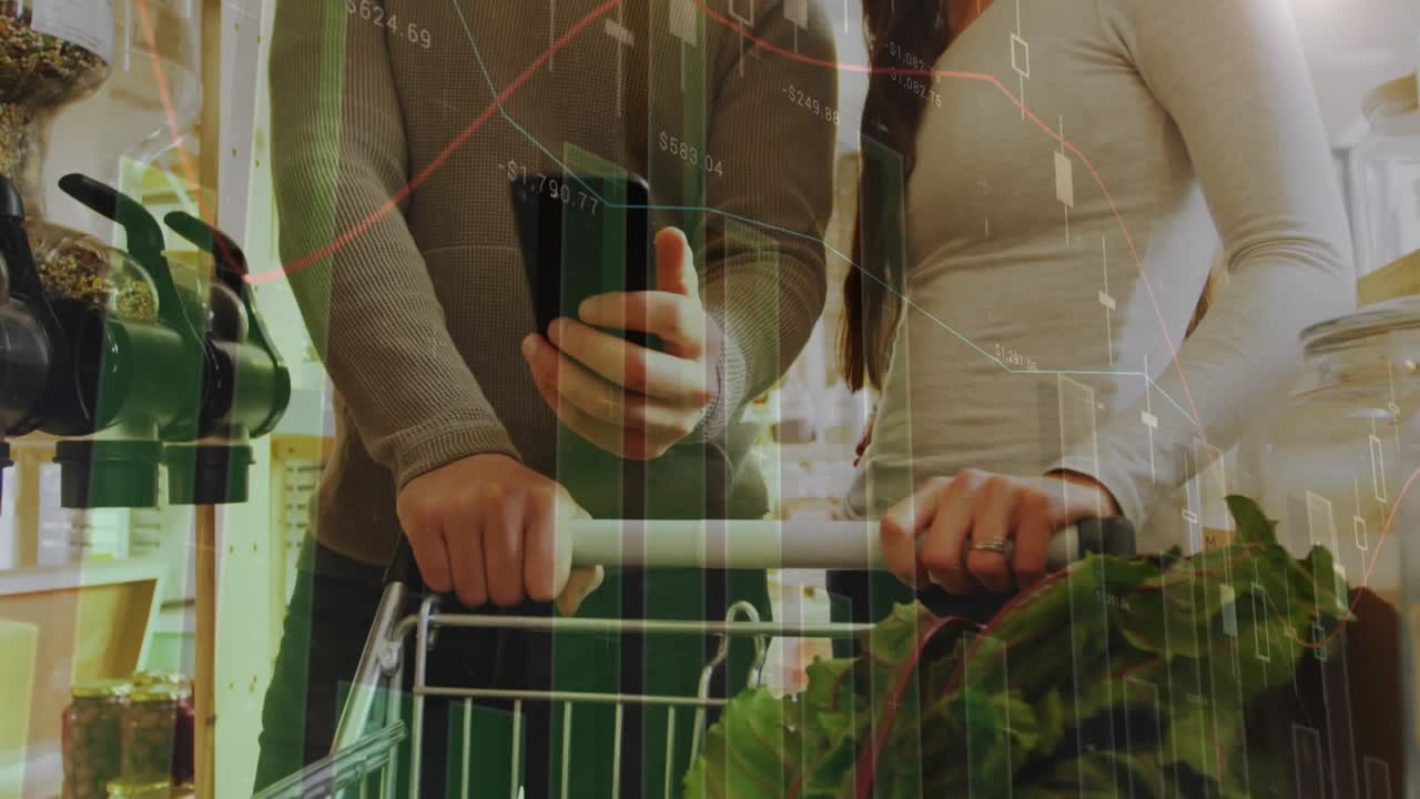 Animazione di elaborazione dati finanziari su persone caucasiche che fanno acquisti.