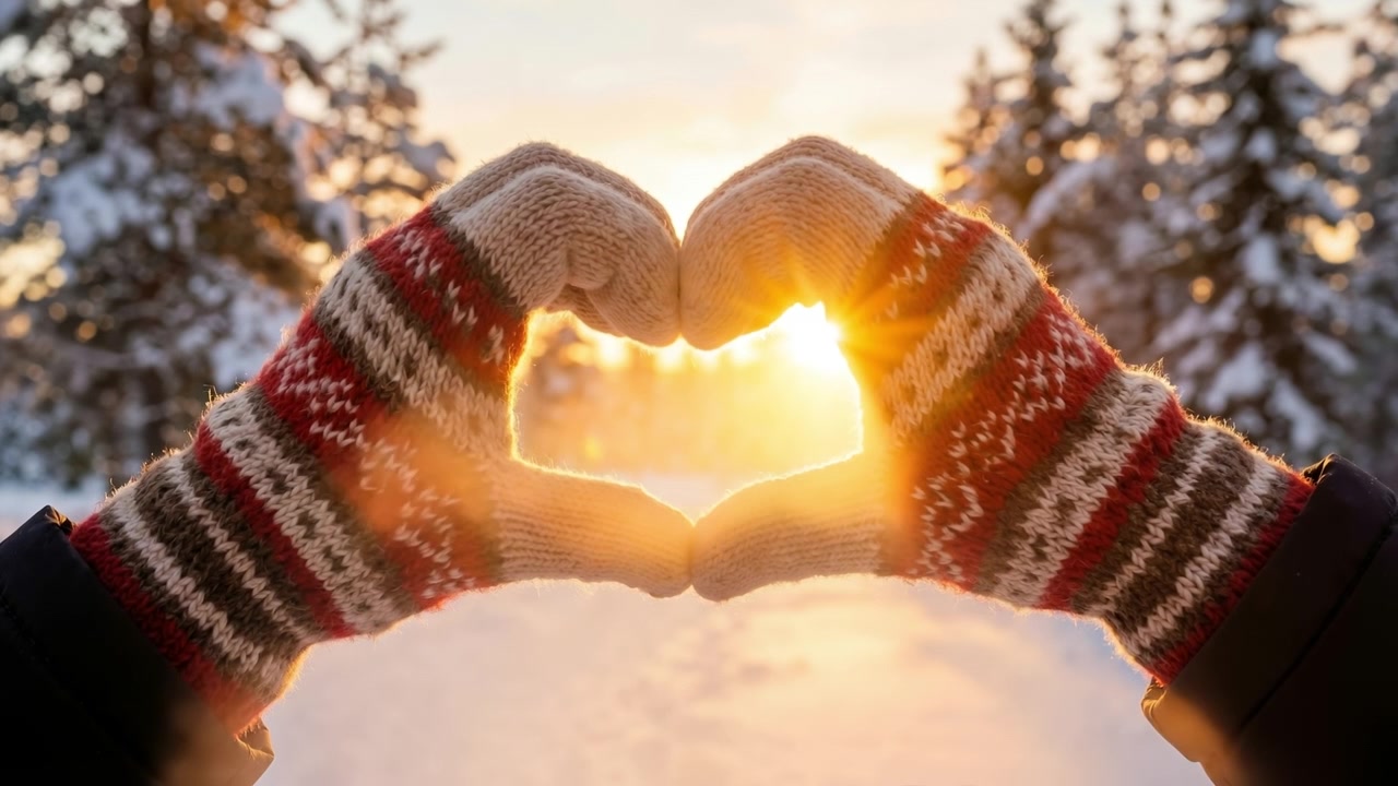 Mani con guanti invernali a fantasia che formano un cuore contro una foresta innevata al tramonto