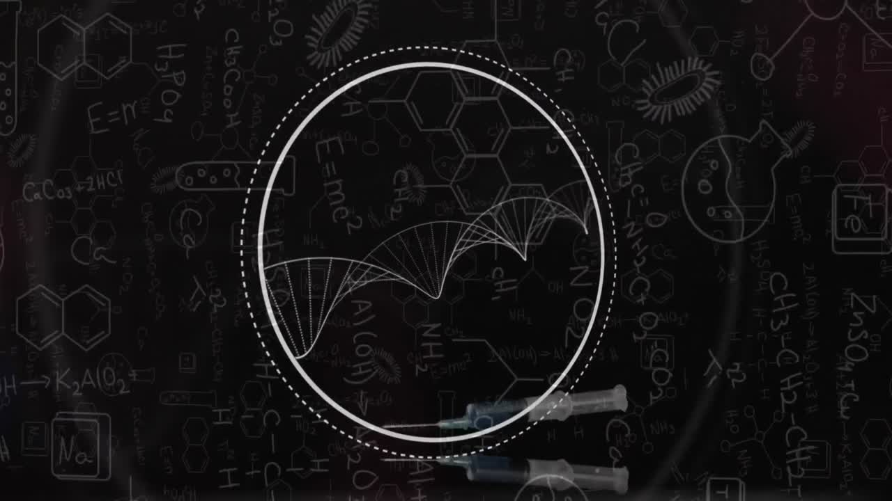 화학 데이터와 도면 위에 회전하는 dna 가닥의 애니메이션