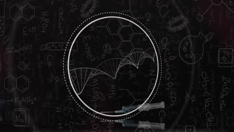 Animation-of-dna-strand-spinning-over-chemistry-data-and-drawings