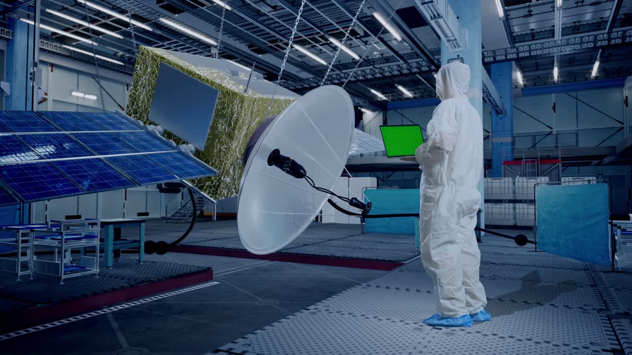 아시아 남성 과학자가 우주선 건설에 서 있는 동안 녹색 화면 노트북을 사용합니다.