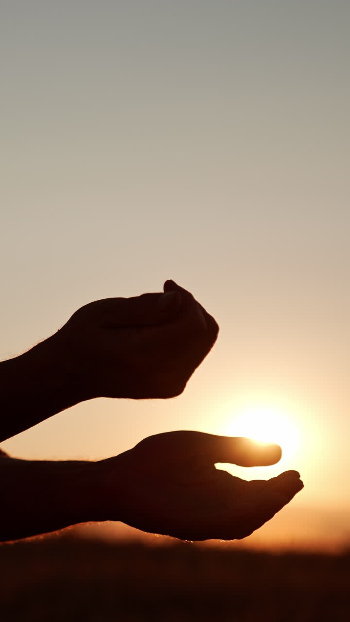 Silhouette of a man in hat standing in the field at sunset. Farmer pours the grain in hands. Low angle view. Vertical video