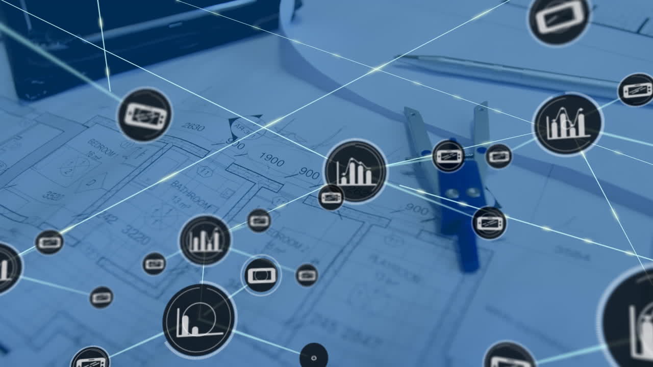 책상 위의 건설 계획에 대한 연결 네트워크의 애니메이션