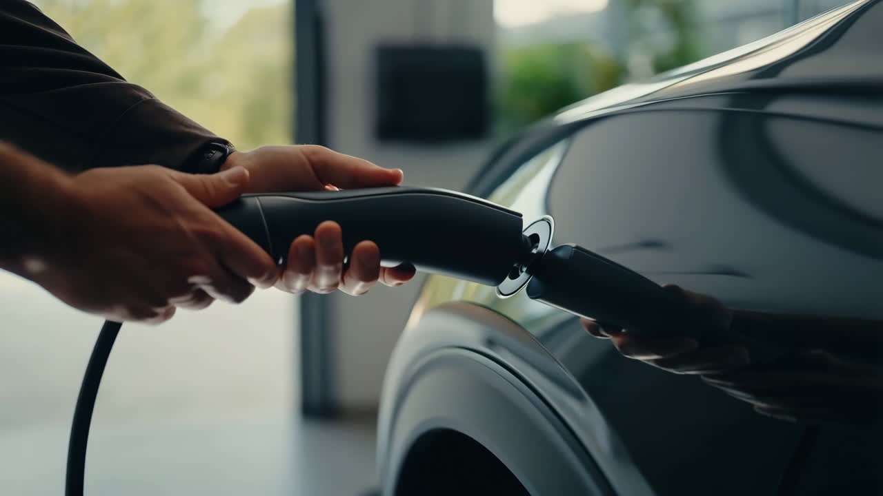 Person plugging an electric car into a charging station