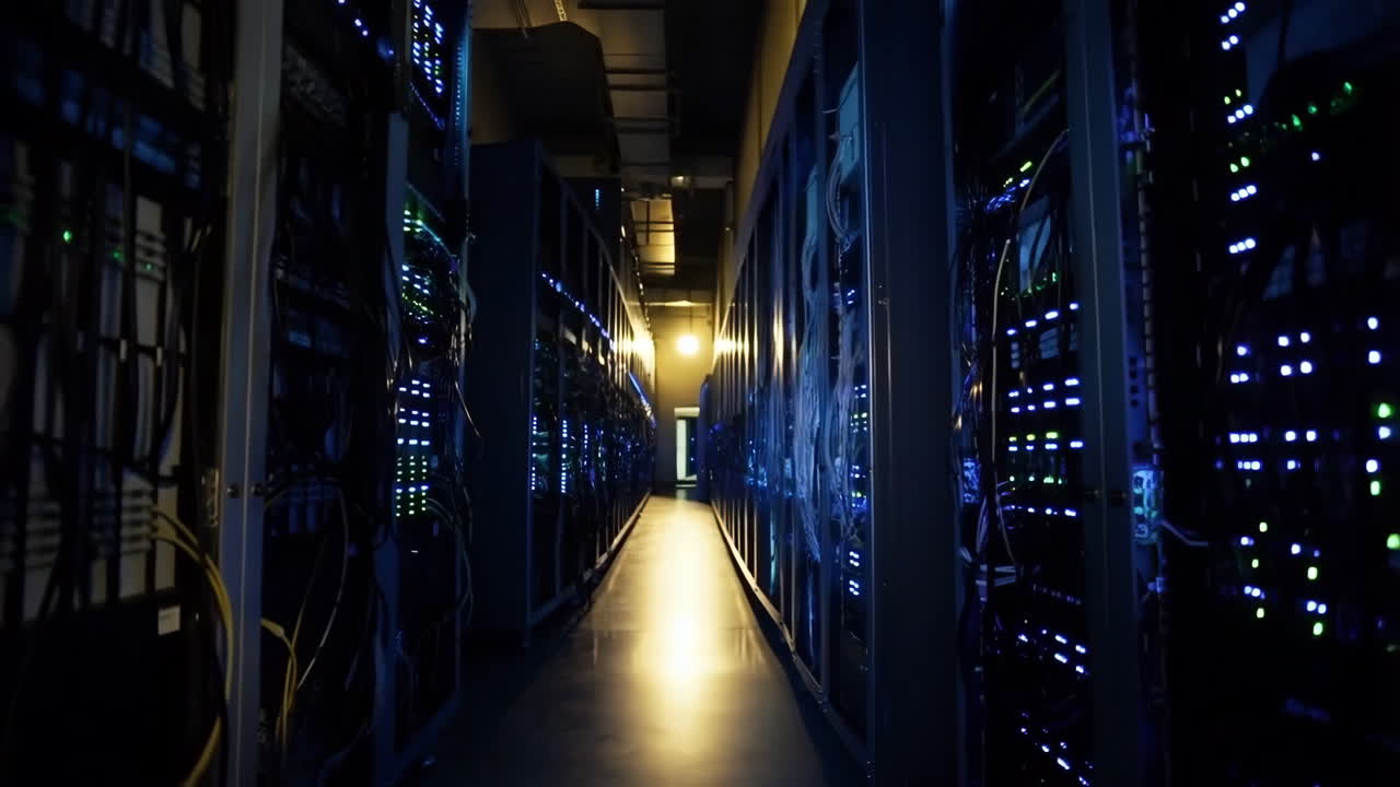 Server Room Corridor with Blinking Lights