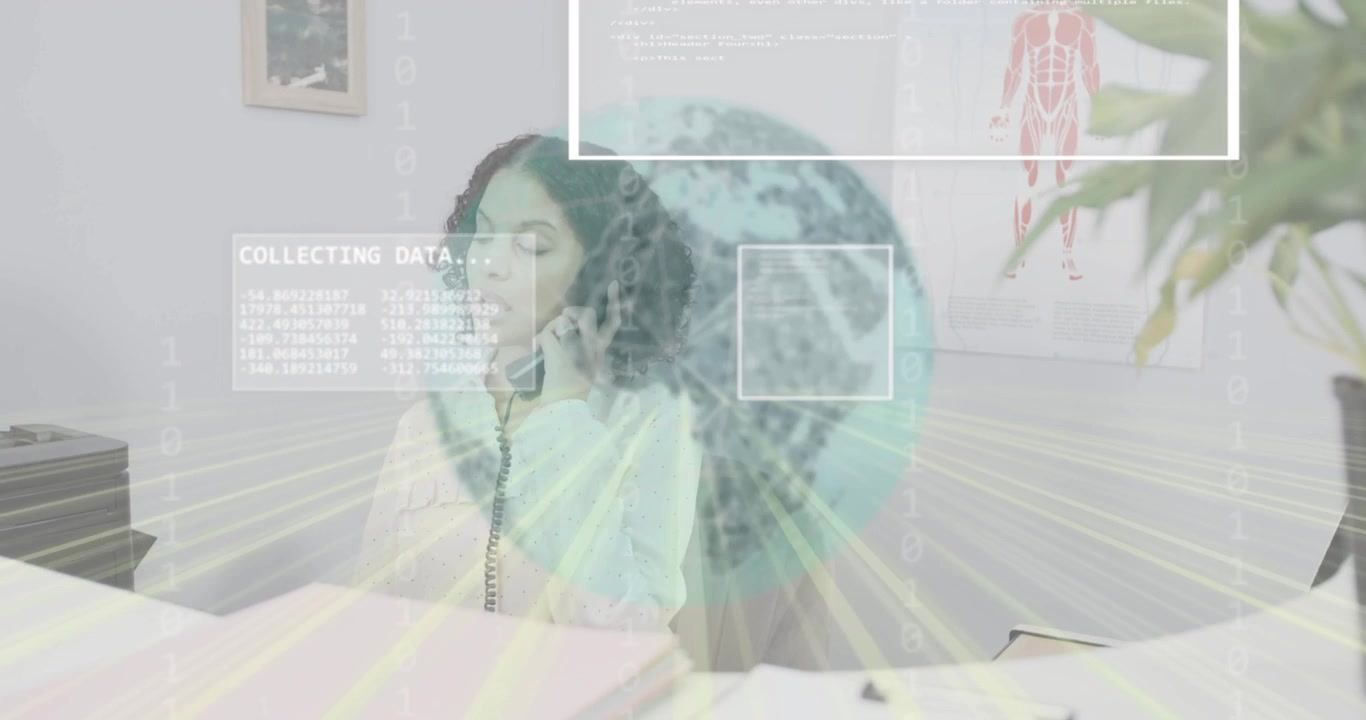 Operator picking up phone initiating call in IT office, hologram globe and UI panels analysing data