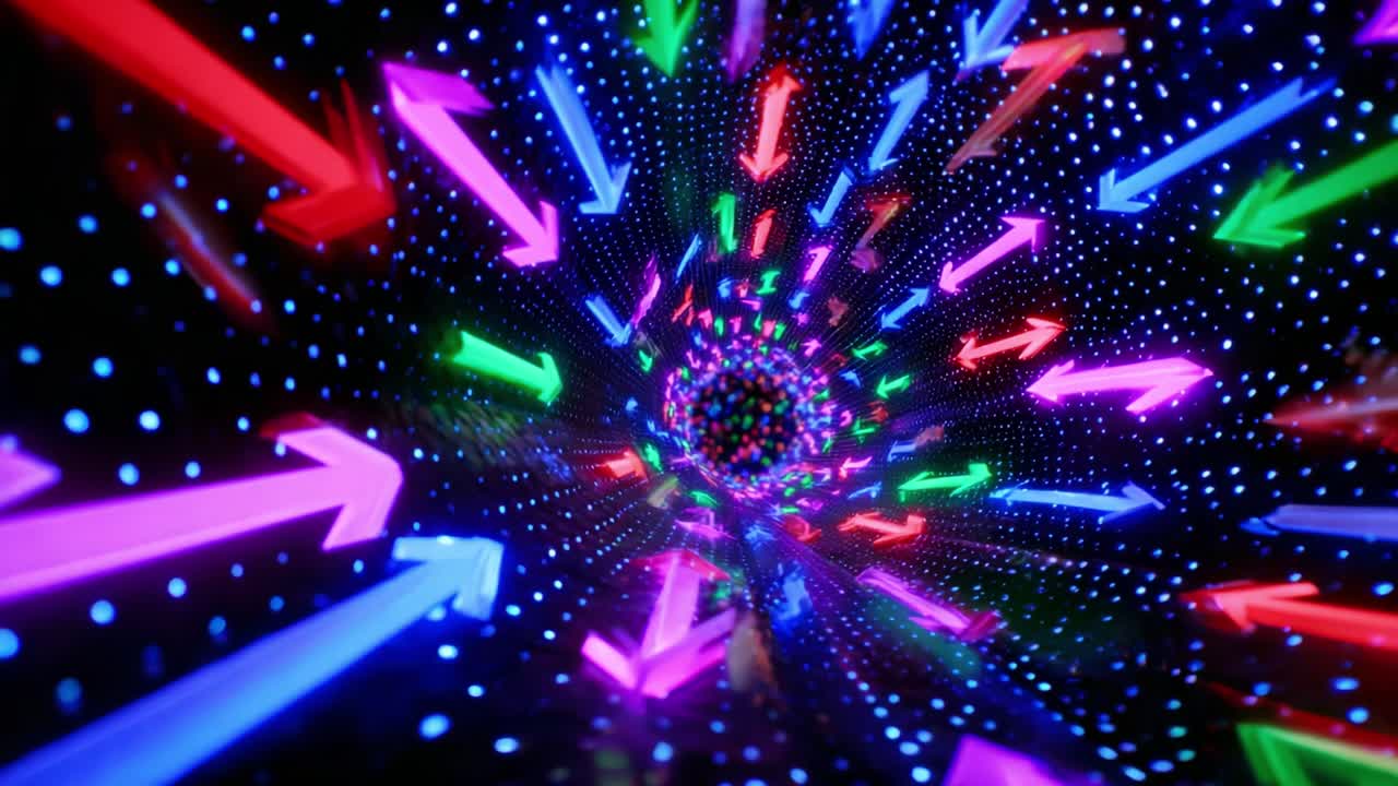 A Captivating Visual Journey Through a Vibrant Tunnel of Colorful Arrows and Dots, Spiraling Towards an Enigmatic Center in a Hypnotic Display of Light and Motion