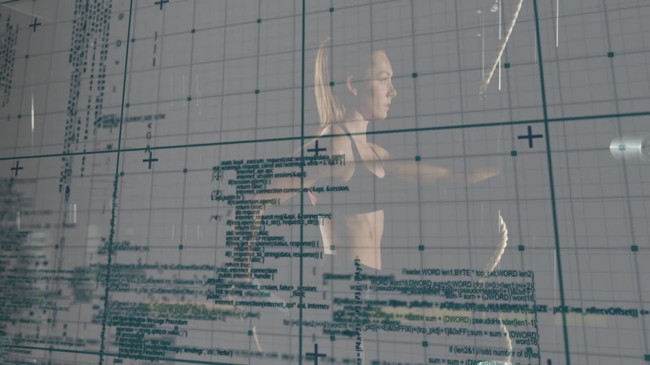 Woman initiating arm twists after projected grid and code appearing, supporting motion analysis