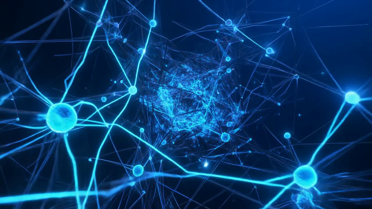 Abstract Neural Network with Glowing Blue Connections and Pulsing Data