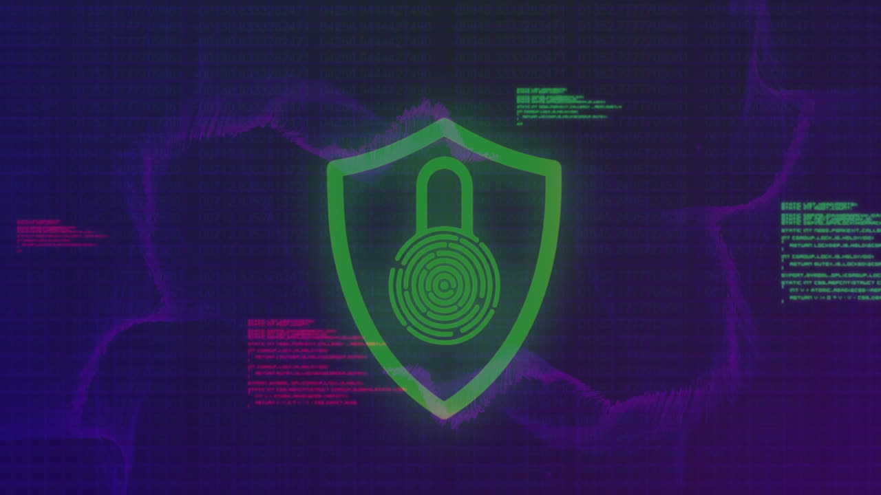Animation of fingerprint padlock in shield over computer language against abstract background