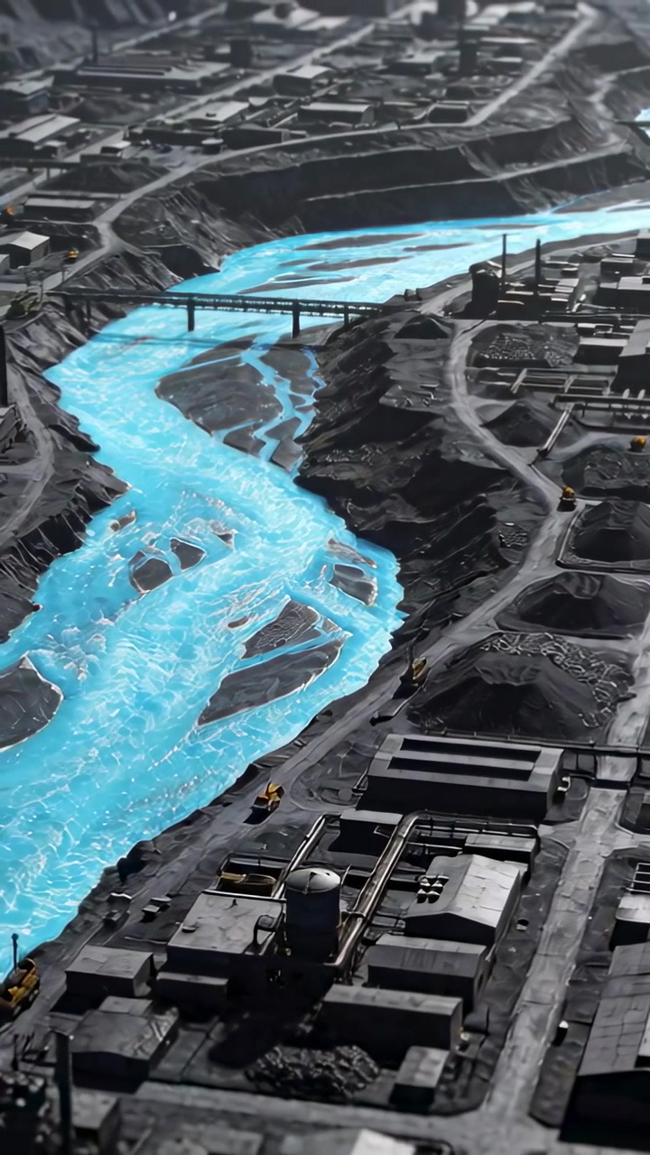 Vertical video: Descending aerial camera showing cyan river through plant, revealing contrast