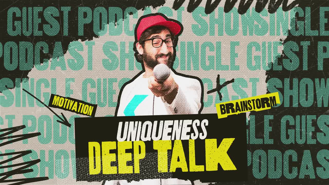 Podcast-gæsteåbner med fed collage-typografi og energiske urbane visuelle elementer. Perfekt til podcast-introer, interview-promos, talkshows, YouTube-diskussioner og kreativt indhold til sociale medier.