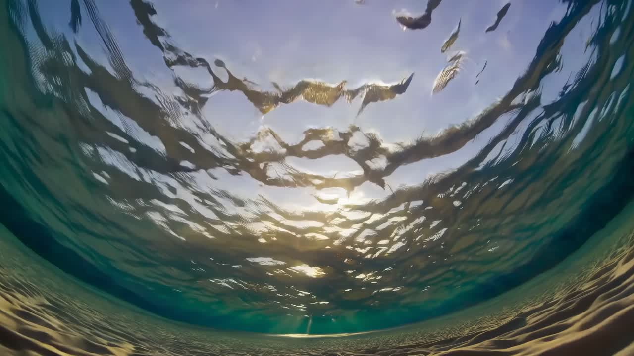 Underwater video scene with a fisheye lens capturing sunlight filtering through rippling water